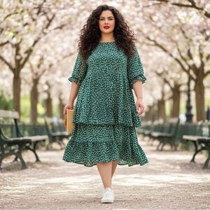 Divided H&M 4XL Green Floral Tiered Babydoll Dress Mini Lined Stretchy